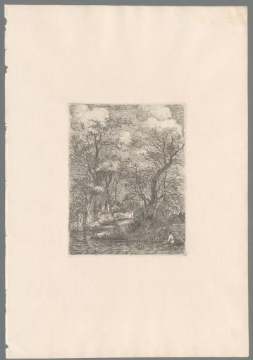 Man with hat sitting on the bank of a ditch, which makes a bend to the right