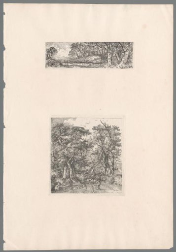Shepherd with sheep on a path between the trees, to the right an open field