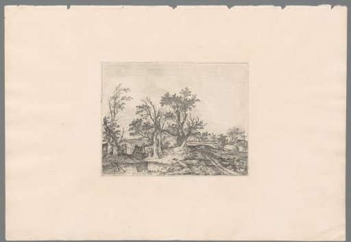 Landscape with pool and a path that runs between farms and trees to a field