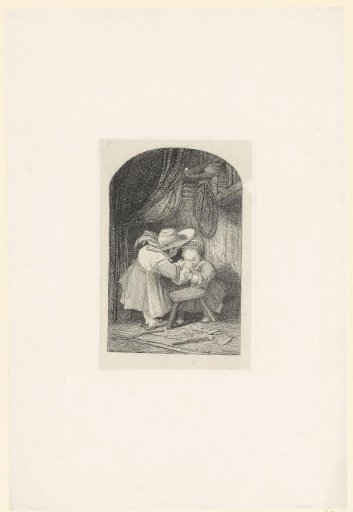Child with hat holding a jug, while another child looks inside