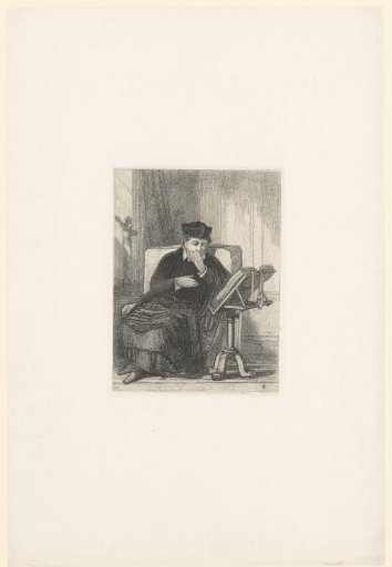 Cleric in a chair by the window reading a book on a stand