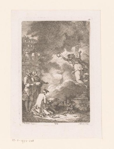 Draughtsman and woman with laurel wreath at Roman monuments