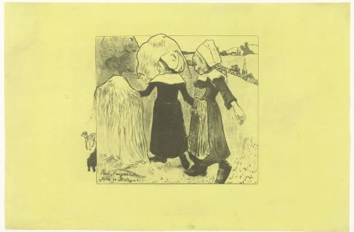 Two peasant women with caps near haystacks in the field.