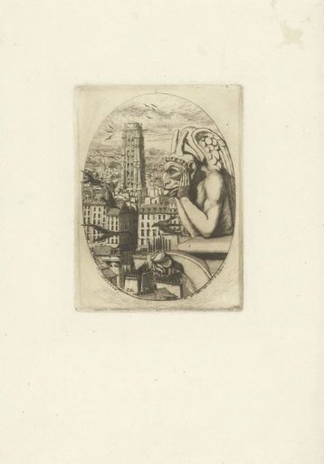 Statue of a vampire as a waterspout on the tower of Notre Dame and a view over Paris