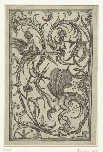 Panel with leaf scrolls ending in three grotesque monsters