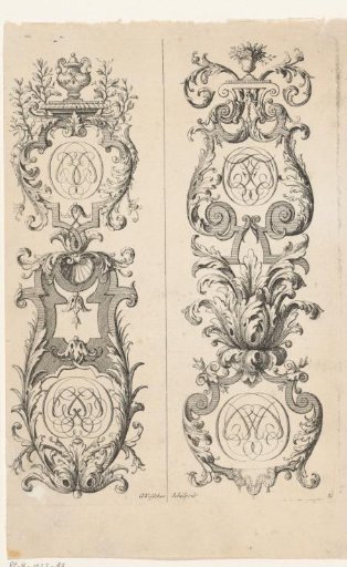 Two vertical ornaments of leaf scrolls with monograms, each crowned with a garden vase