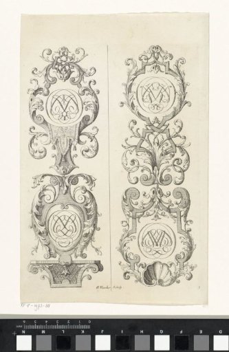 Two vertical ornaments of leaf scrolls with monograms