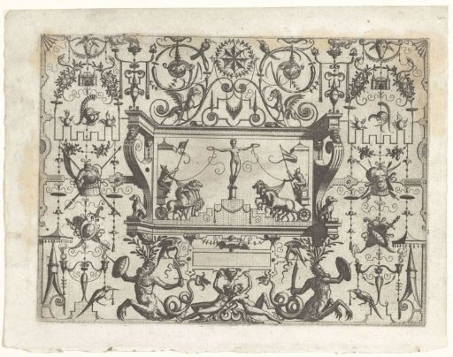 Rectangular cartouche with a woman on a pedestal