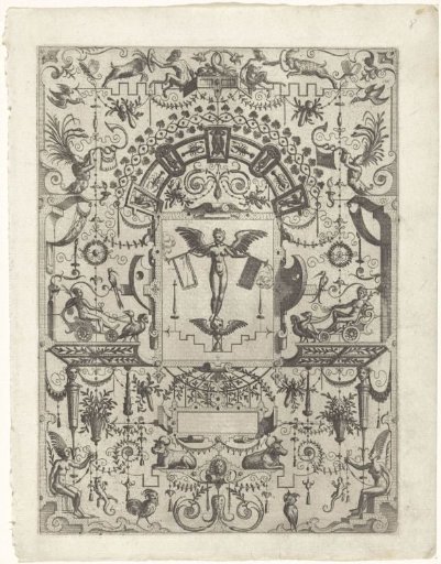 Cartouche with Fame blowing two trumpets