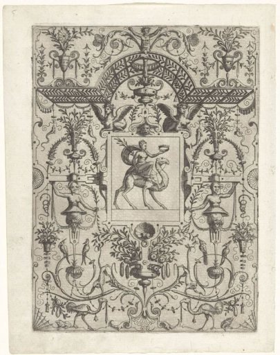 Cartouche with Fame on a dromedary