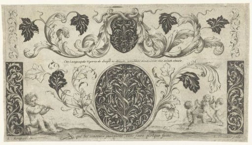 Two medallions between leaf scrolls