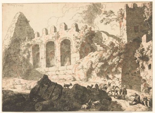 Landscape with ruins and a pyramid