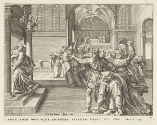 Jews in the Temple throwing stones at Christ