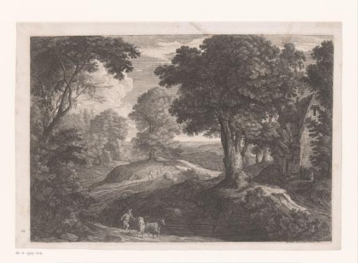 Wooded landscape with a house and a shepherd by a pool