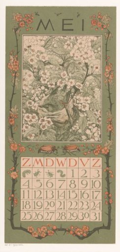 Calendar page May with bird among blossoms