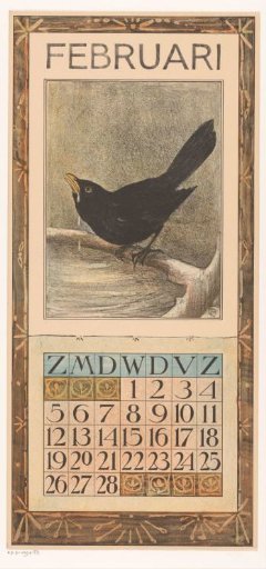 Calendar page for February with a blackbird