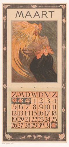 Calendar page for March with two roosters