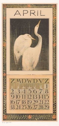 Calendar page for April with silver herons