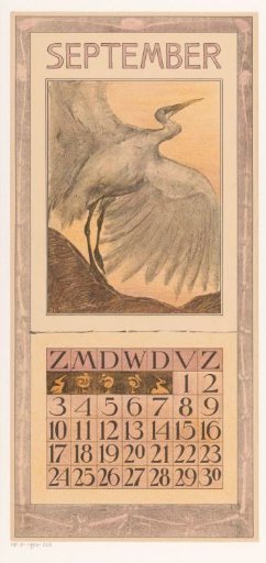 Calendar page for September with a silver heron