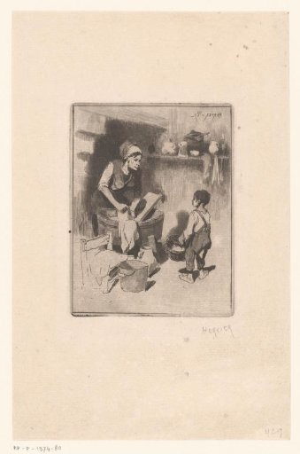 Woman at a wash tub with a boy
