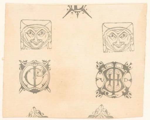 Sheet with Two Vignettes and Two Monograms