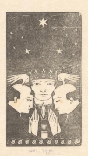 Two Clerics with a Figure Wearing a Crown