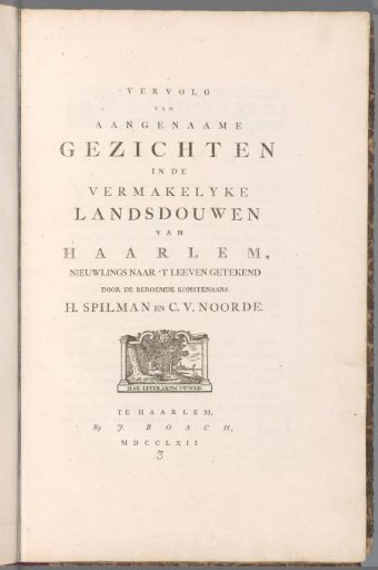 Title page for: Continuation of pleasant views in the enjoyable landscapes of Haarlem, newly drawn from life by the famous artists H. Spilman and C.V. Noorde, 1762