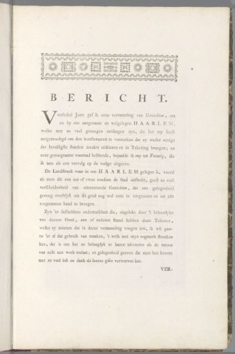 Text page from: Continuation of pleasant views in the enjoyable landscapes of Haarlem, newly drawn from life by the famous artists H. Spilman and C.V. Noorde, 1762