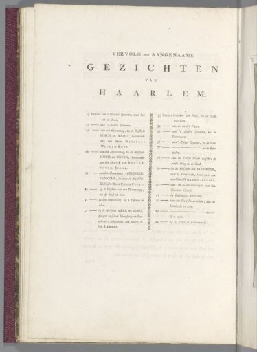 Table of contents from: Continuation of pleasant views in the enjoyable landscapes of Haarlem, newly drawn from life by the famous artists H. Spilman and C.V. Noorde, 1762
