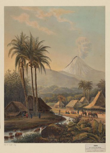 View of a village and the Semeru volcano on Java