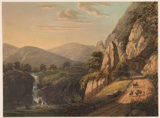 View of a Waterfall and Country Road in Preanger on Java