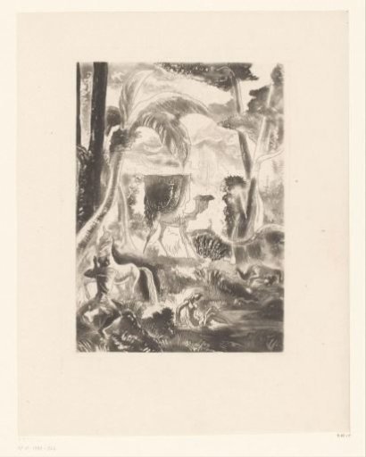 Landscape with palm trees and bathing figures