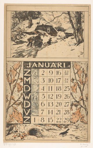 Calendar page for January 1921 of the Nederlandsche Gist- en Spiritusfabriek in Delft
