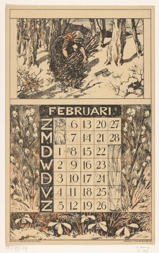Calendar page for February 1921 of the Nederlandsche Gist- en Spiritusfabriek in Delft