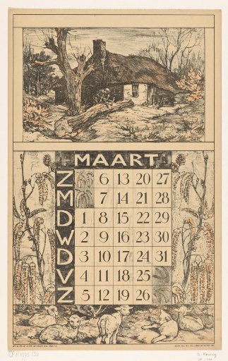 Calendar page for March 1921 of the Nederlandsche Gist- en Spiritusfabriek in Delft