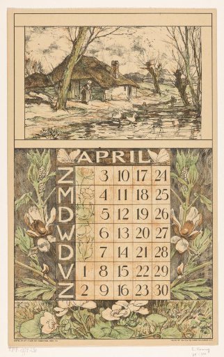 Calendar page for April 1921 of the Nederlandsche Gist- en Spiritusfabriek in Delft