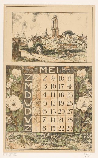 Calendar page for May 1920 of the Nederlandsche Gist- en Spiritusfabriek in Delft