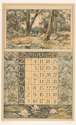 Calendar page for July 1920 of the Nederlandsche Gist- en Spiritusfabriek in Delft