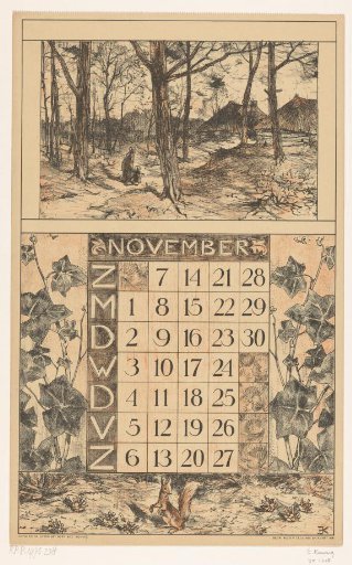 Calendar page for November 1920 of the Nederlandsche Gist- en Spiritusfabriek in Delft