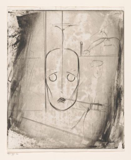 Composition with face and jockey on horseback