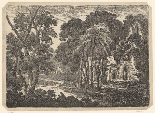 Forest landscape with a ruin of an abbey