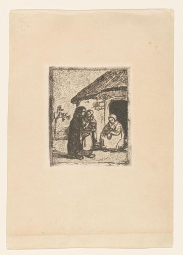 Two women and child in front of a house