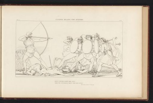 A fine line engraving of Odysseus at the far left drawing a tall bow at full stretch, while the suitors crowd behind oval shields at the right and bodies lie across the floor between them.