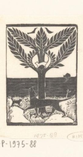 Barking dog under a tree with a cat in it