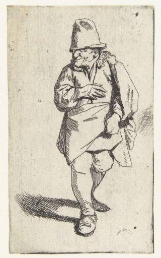 Standing man with high hat or cap, right hand before chest