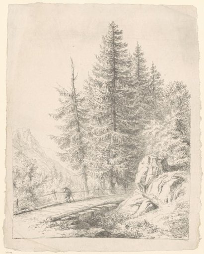 Mountain landscape with a woodcutter on a bridge