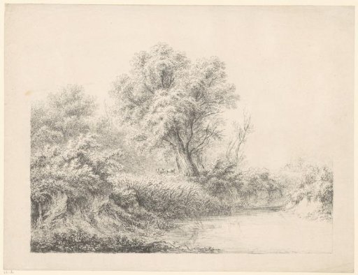 Landscape with two cows by a pool of water