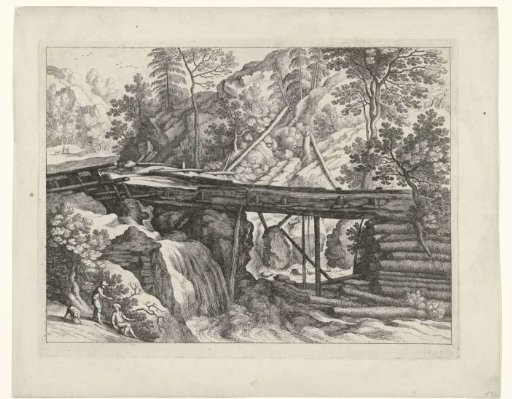 Mountain landscape with a wooden aqueduct