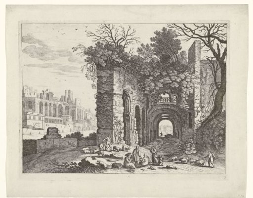 Resting family before a ruin