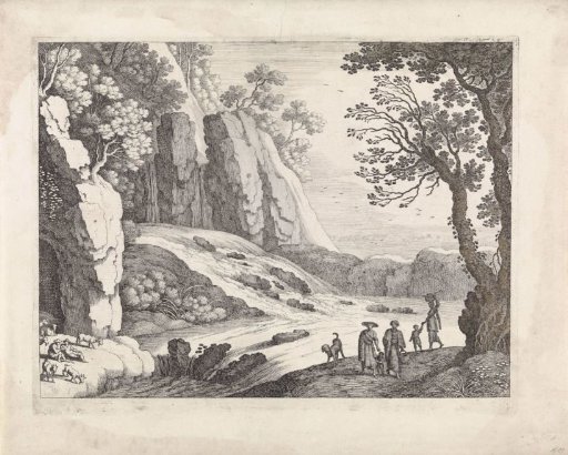 Figures by a waterfall